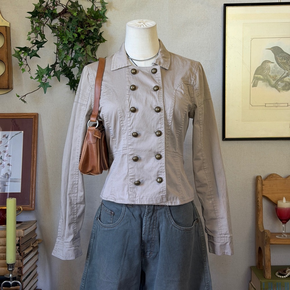 Tan Double Breasted Military Jacket Fitted Y2K Vintage Size S Indie Sleaze Twee